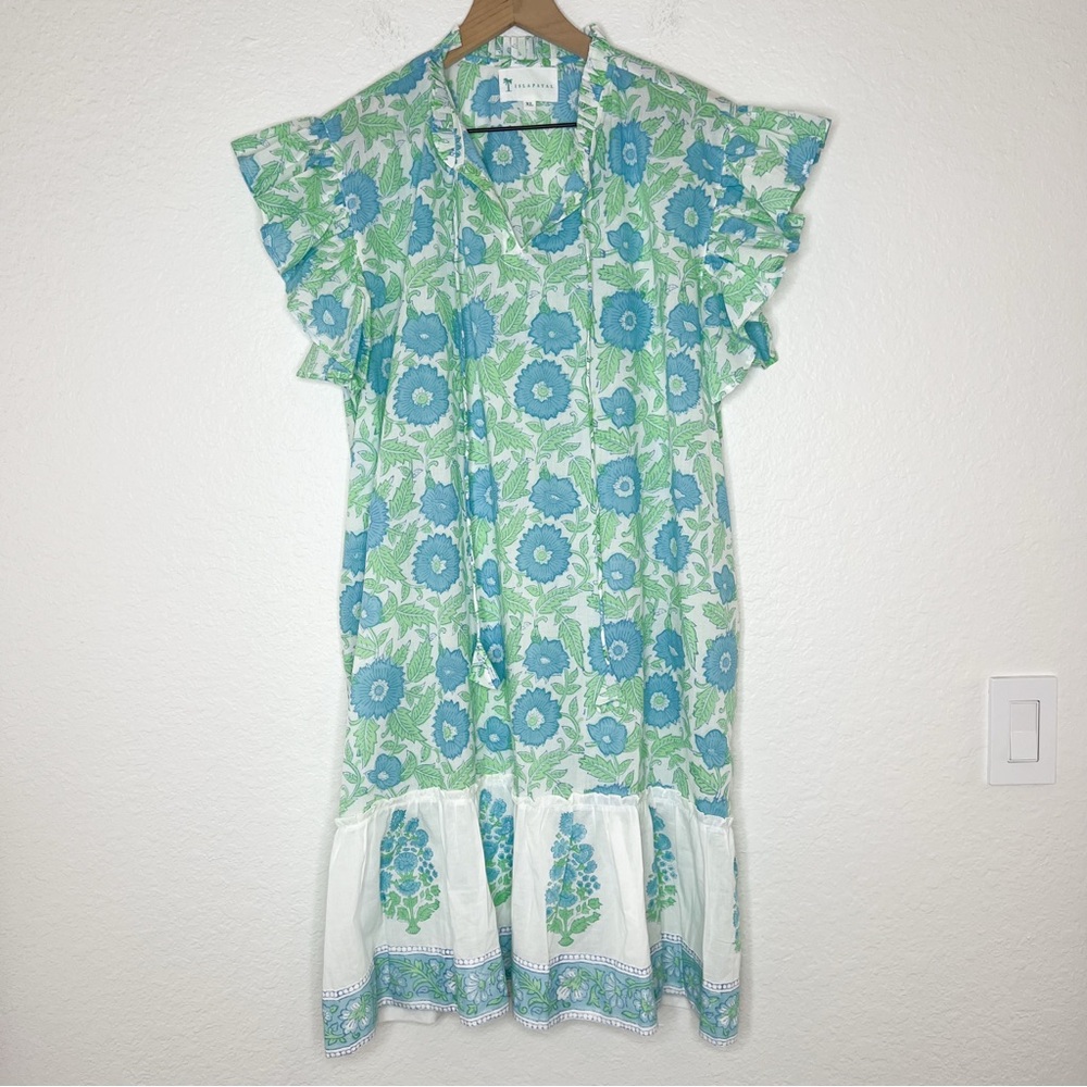 Isla Payal Blue Green Floral Dress Ruffle Flutter Sleeve Cotton size XL - Picture 2 of 6